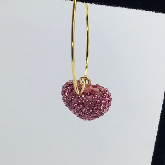 EARRINGS Hoops Heart Pink Rhinestone Dainty Gold Plated Valentine’s Day Gift - Picture 4 of 10